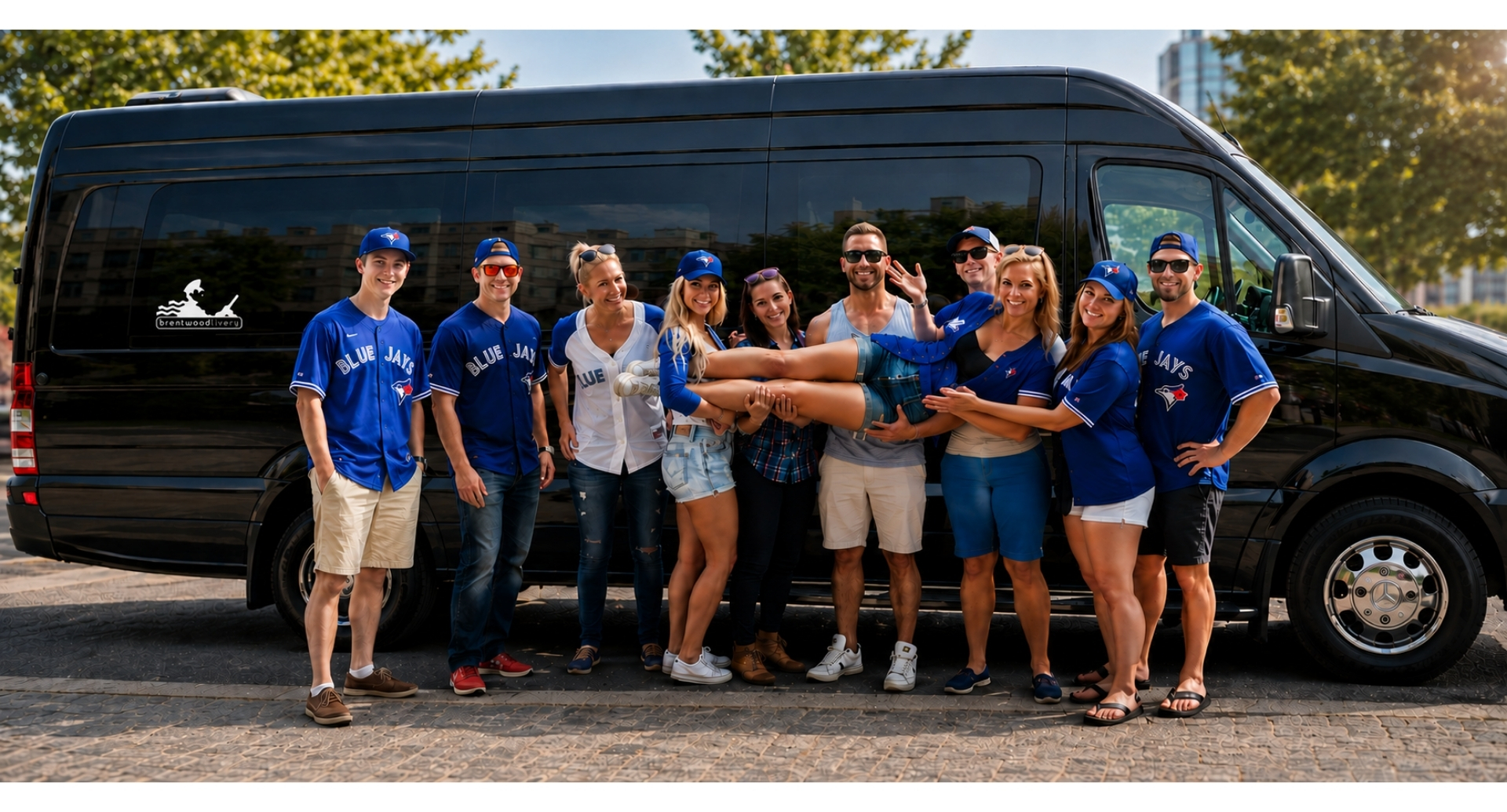 Guests travelling together in a Brentwood Livery Limo Bus.