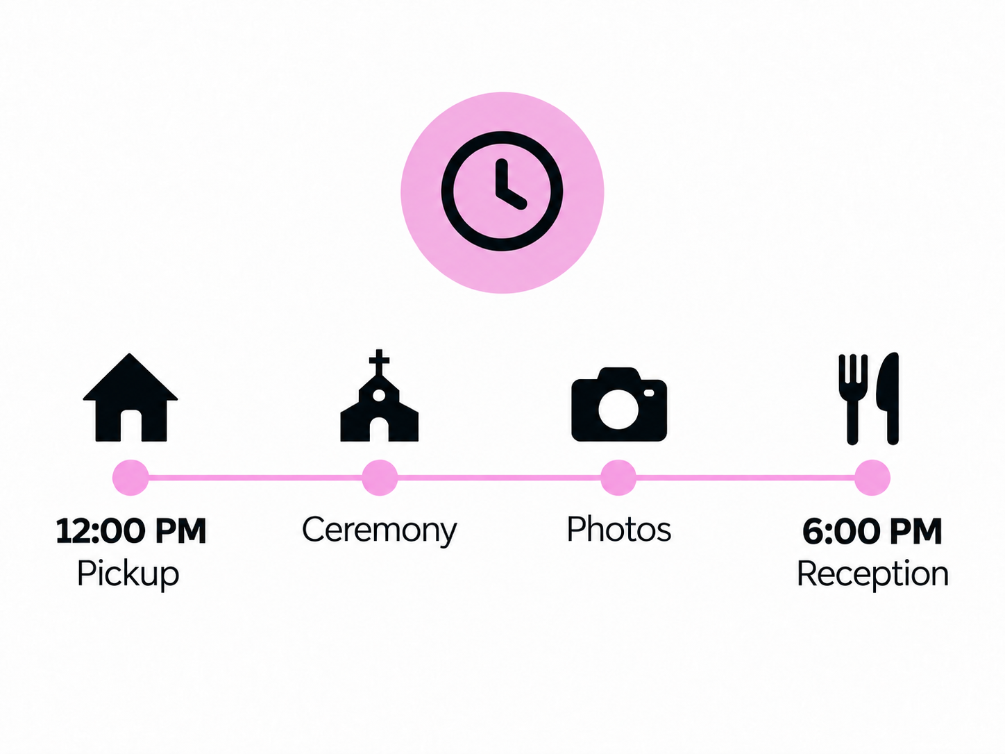 12:00 PM Pickup, Ceremony, Photos, 6:00 PM Reception.